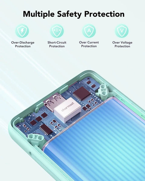 Interior view of Portable Charger With Built In Cables And Plug 10000mAh USB C Power Bank Fast Charging showing safety features