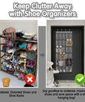 Comparison of cluttered shoe rack and Over The Door Shoe Organizer With 30 Breathable Mesh Pockets for neat storage.