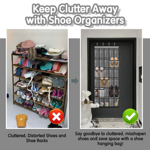 Comparison of cluttered shoe rack and Over The Door Shoe Organizer With 30 Breathable Mesh Pockets for neat storage.