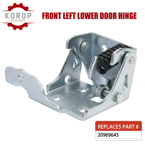 Heavy Duty Front Lower Door Hinge Left Side Knockout Grade Direct Swap Plug And Play Fix Sagging Door reliable match for 2007 to 2014 Chevy Silverado Tahoe Suburban Avalanche Gmc Sierra Yukon Cadillac Escalade Oem Replace 20969645, gray steel and spring mechanism.