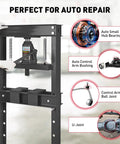 Beefy 20 Ton Hydraulic Shop Press With H Frame For Garage Floors Adjustable Plates And Built In Safety Valve Perfect For Metal Bending Straightening And Stamping Rugged Black Unit with auto repair tools displayed.