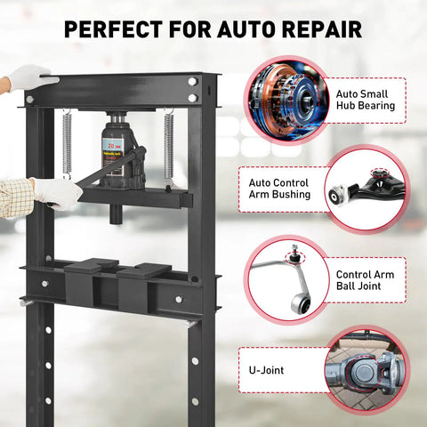 Beefy 20 Ton Hydraulic Shop Press With H Frame For Garage Floors Adjustable Plates And Built In Safety Valve Perfect For Metal Bending Straightening And Stamping Rugged Black Unit with auto repair tools displayed.