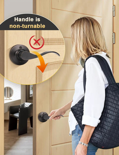 Two Pack Single Sided Dummy Door Handle In Oil Rubbed Bronze No Fuss Easy Push Pull For Closet Or Pantry Right Handed Interior Door Lever Non Turning Dummy Knob, woman using lever on wood door