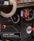 Industrial 10 Inch Cabinet Saw Featuring Beefy 5 Hp Motor Knockout Safety Brake And Rock Solid 52 Inch T Glide Fence Assembly showing lockout/tagout feature.