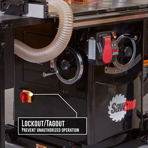 Industrial 10 Inch Cabinet Saw Featuring Beefy 5 Hp Motor Knockout Safety Brake And Rock Solid 52 Inch T Glide Fence Assembly showing lockout/tagout feature.