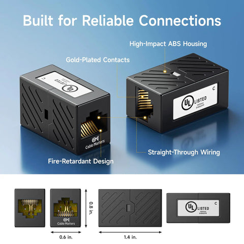 UL Listed 5 Pack Cat6 RJ45 Female To Female Couplers for High Speed Ethernet Extending, showing gold-plated contacts and design.
