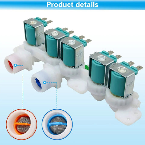 Water Inlet Valve Assembly for Washer Replacement Upgrade 5 Solenoid Leak Proof Two Threaded Ports For Hot And Cold Water Lines Fits WA45H7000AW WA48H7400AW Easy Install Direct Replacement with visible solenoid mechanisms and ports.