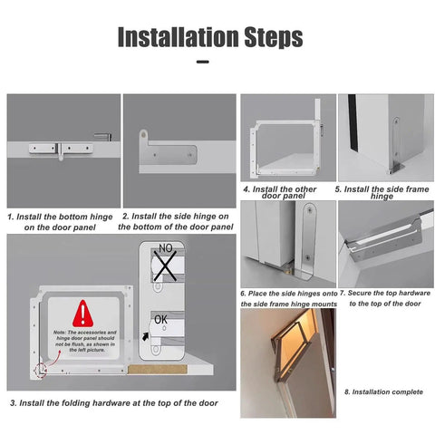 Installation steps for Premium Grade 180 Degree Stainless Steel Folding Door Hinge With Smooth Concealed Pivot For Flush Wall Install And Tight Squeeze Fixer Space Saving Cabinet Hardware Kit.