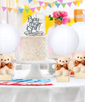12 Sets Baby Shower Hot Air Balloon Table Centerpieces with white paper lanterns, plush bears, wooden baskets, and cake.