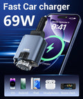 Ride Ready Sick Flex Retractable 5 In 1 Car Charger Adapter 69W Fast Charging For iPhone And Galaxy Phones With Built In Aromatherapy Diffuser And Smooth Starlight Glow Premium Red Finish, showcasing fast car charger in use with devices.