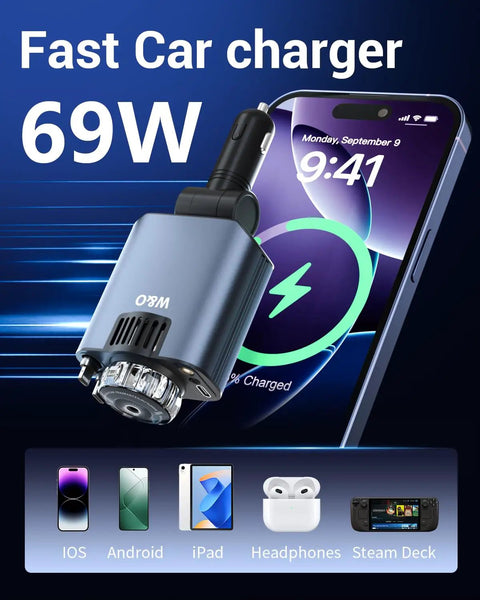 Ride Ready Sick Flex Retractable 5 In 1 Car Charger Adapter 69W Fast Charging For iPhone And Galaxy Phones With Built In Aromatherapy Diffuser And Smooth Starlight Glow Premium Red Finish, showcasing fast car charger in use with devices.