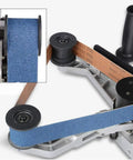 Close-up of 800W Professional Electric Tube Pipe Belt Polisher Sander Machine showing blue sanding belt and rollers.