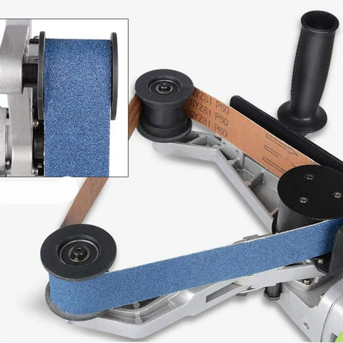 Close-up of 800W Professional Electric Tube Pipe Belt Polisher Sander Machine showing blue sanding belt and rollers.