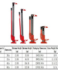 20 Inch 3 Ton Off Road Farm Jack With 6000 Lb Capacity Ratcheting Utility Lift displayed with size chart