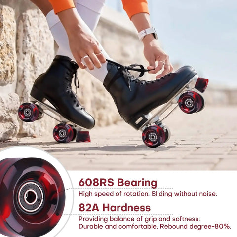 8 Pack 32x58 Quad Roller Skate Wheels With Bearing Installed And 2 Toe Stoppers for smooth ride outdoors, showcasing 82A hardness.