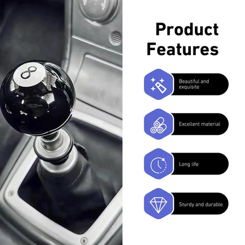 Close-up of Classic 8 Ball Shift Knob For Manual Transmission Gear Shifter with smooth acrylic grip in a car interior.