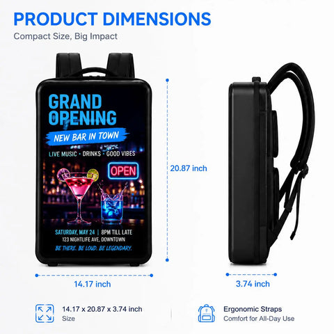 Hella Bright 21 5 Inch Lcd Backpack Mobile Ads dimensions showing 14.17 x 20.87 x 3.74 inches display for outdoor campaigns.