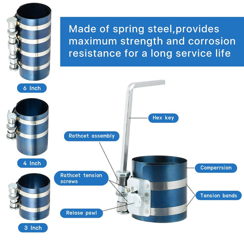 Worldity 8-piece piston ring compressor kit with 3in, 4in, 6in blue sleeves, hex key and pliers, feeler gauge