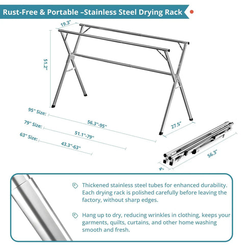Straight Up Heavy Duty Clothes Drying Rack With Windproof Hooks Foldable Stainless Steel Laundry Stand For Indoor Outdoor Use dimensions and design details.