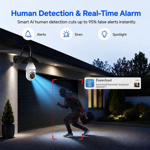 Top Tier 5G And 24G Dual Band Wifi Light Bulb Security Camera For Outdoor Home Surveillance with AI detection of a running intruder.