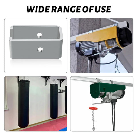 Ten Pack Strut Channel Trolley Track Hanger Brackets for Unistrut P1834EG shown with hoists and punching bags in a garage setting