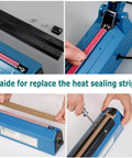 12 Inch Manual Heat Sealer For Plastic Bags Sealing Machine No Warm Up Lightweight Handheld Bag Sealer With 8 Temperature Settings Replaceable Heating Element shown with replacement sealing strip