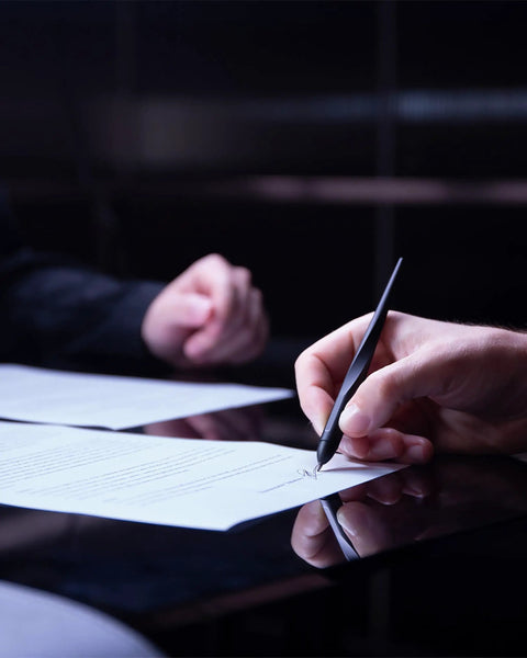Hand writing with Hoverpen Interstellar Space Black Ballpoint Pen For Desk Aesthetic With Premium Futuristic Design.
