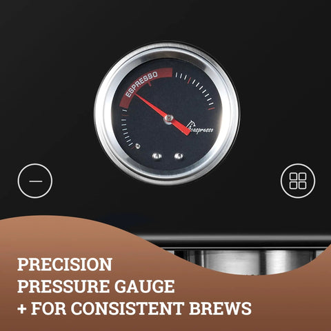 One Touch Auto Grind Espresso Machine With Smart Dosing And Brushed Stainless Steel Finish showing precision pressure gauge for consistent brews.