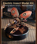 Electric Insect Metal Model Kit for Adults, Biopunk desk toy rhinoceros beetle on black display stand in retro style
