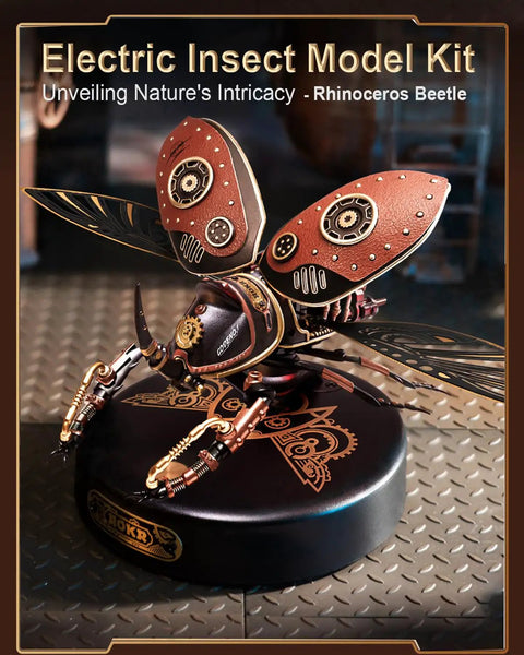 Electric Insect Metal Model Kit for Adults, Biopunk desk toy rhinoceros beetle on black display stand in retro style