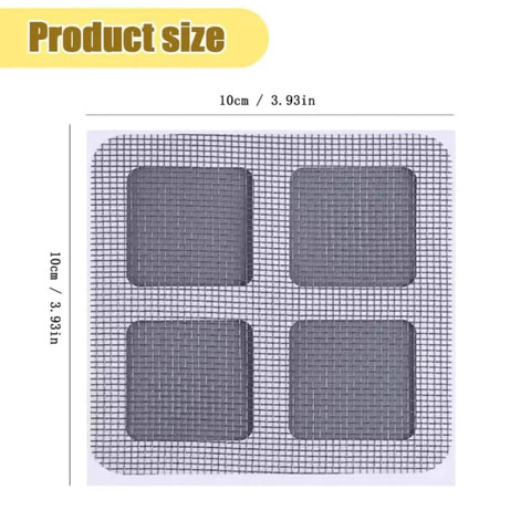 10 Pack 4 Inch Square Disposable Shower Drain Hair Catcher Stickers Solid Mesh Filter shown flat with dimensions.