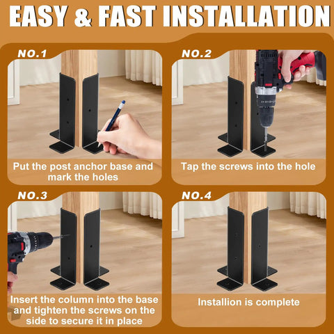 Installation steps for Eight Pack Adjustable Post Anchor Brackets Heavy Duty Half Column Black Support Base For Wood Fence Pergola Railing.