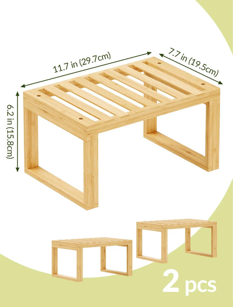 Heavy Duty Bamboo Cabinet Organizer Shelf Two Pack Stackable Kitchen Counter Rack Featuring slatted draining surface, 11.7x7.7x6.2in.