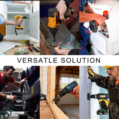 Collage of professionals using drill sets on various tasks, showcasing versatility in construction, automotive, and household repairs.