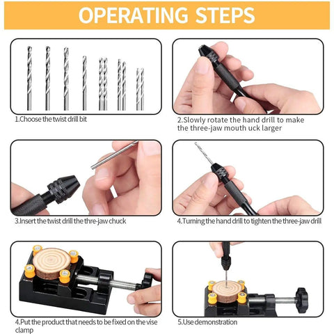 Operating steps for 62 Piece Pin Vise Hand Drill Bits Set Micro Twist Kit With Clamp for DIY Jewelry and Craft Making