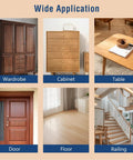 Wide application of wooden furniture and flooring including wardrobe, cabinet, table, door, floor, and railing.