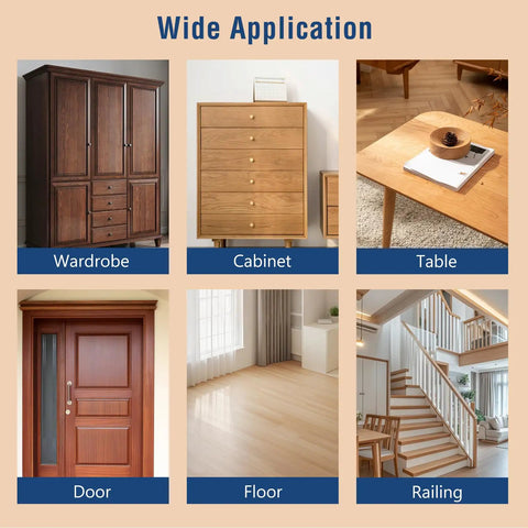 Wide application of wooden furniture and flooring including wardrobe, cabinet, table, door, floor, and railing.