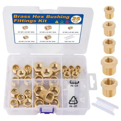 Must Have Brass Hex Bushing Kit 25 Pcs Fittings NPT Reducers With Teflon Tape in plastic case with multiple adapters