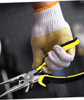 Straight Shooter Electrical Wire Stripper Plier Built For Fast Job Sites And Diy Crews Featuring Slick Ergonomic Handle in hand with gloves.