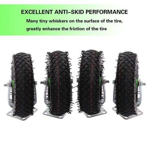 Close-up view of 10 Inch Pneumatic Caster Wheels 4 Pack Rubber Air Tires Galvanized Brackets with anti-skid features.