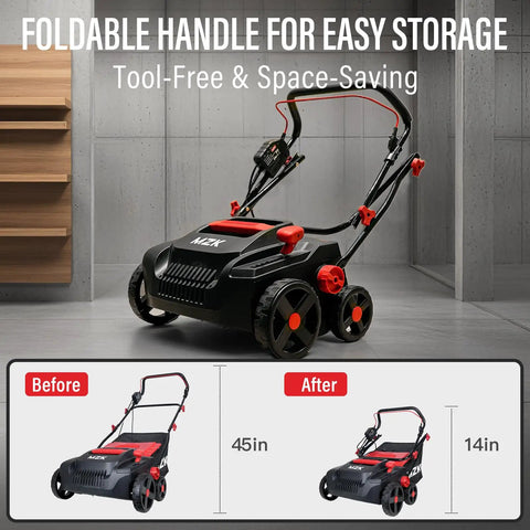 15-Inch 2-In-1 Electric Dethatcher And Scarifier with foldable handle for storage, showing before and after compact sizes.