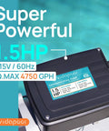 Label of Dual Speed 1.5HP Above Ground Pool Pump showing specs like 4750 GPH high flow and 2100 GPH low flow energy efficient motor.