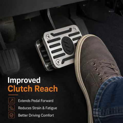 Heavy Duty 304 Stainless Steel Clutch Pedal Extender With Grippy Anti Slip Rubber Surface For Manual Transmission Cars, foot on pedal.
