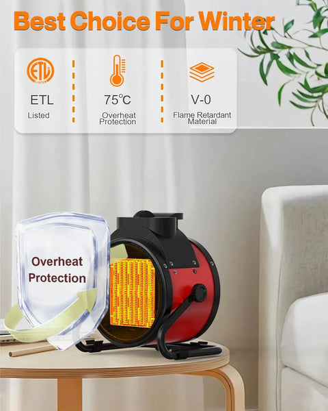 Portable 1500W Electric Heater With 2 Second Fast Heat, 3 Modes, PTC Ceramic Heating beside chair on table, red