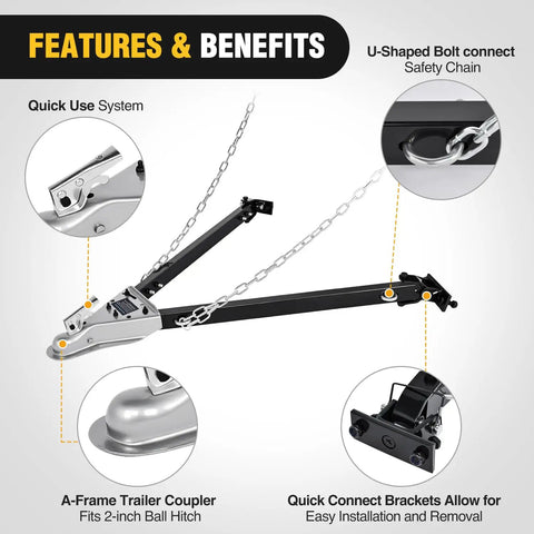 Beefed Up Tow Bar With Quick Connect Brackets And Safety Chains 2 Inch Hitch Ball 5500 Lb Towing Capacity 41 Inch Opening bumper-mounted tow bar with safety chain and coupler