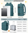 Airline Approved Travel Backpack For Women And Men, Carry-On Size, Waterproof Luggage Daypack in A-peacock Blue with dimensions.