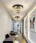 Hallway with Two Light Sleek Crystal Mini Ceiling Light Fixture Modern Semi Flush Mount Chandelier with black finish.