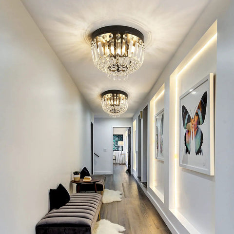 Hallway with Two Light Sleek Crystal Mini Ceiling Light Fixture Modern Semi Flush Mount Chandelier with black finish.