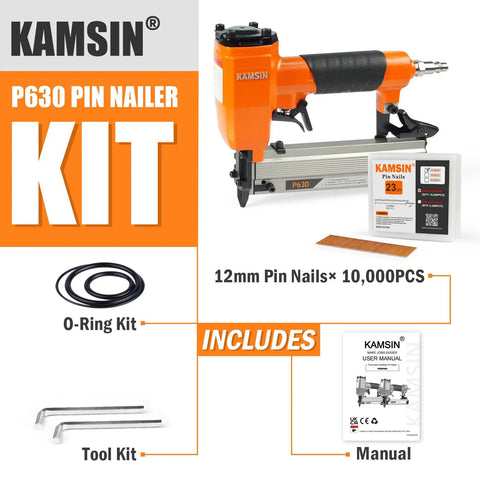 Lightweight 23 Gauge Pneumatic Headless Pin Nailer Kit with 10000 Pins, tool kit, O-rings, manual, for furniture cabinets decor