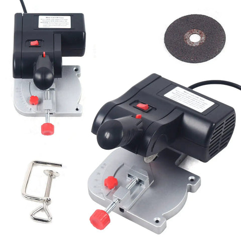 110V 90W Mini Cut Off Saw with 45 Degree Bevel and accessories, showcasing benchtop metal cutting tool design
